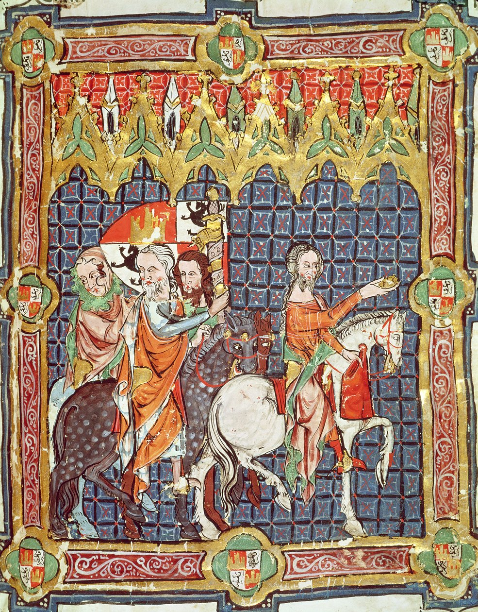 Fol.10r VII. Alfonso (1105-57) és felesége, a barcelonai Berenguela egy Aragónia és Kasztília királyainak megkoronázását ábrázoló kéziratból vezetett az érsekkel való találkozásra. alkotó: Spanish School