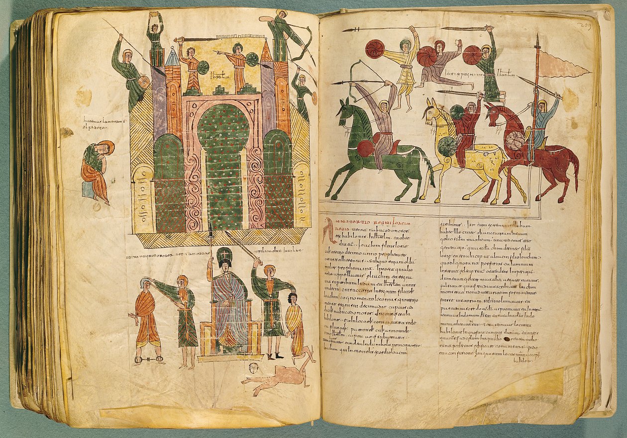 Fol.208 és 209v Jeruzsálem támadása és elfoglalása Nabukodonozortól, Liebanai Beatus szerzetes által írt eredeti másolata 776 körül, az Apokalipszis kommentárjából, (10. század) alkotó: Spanish School