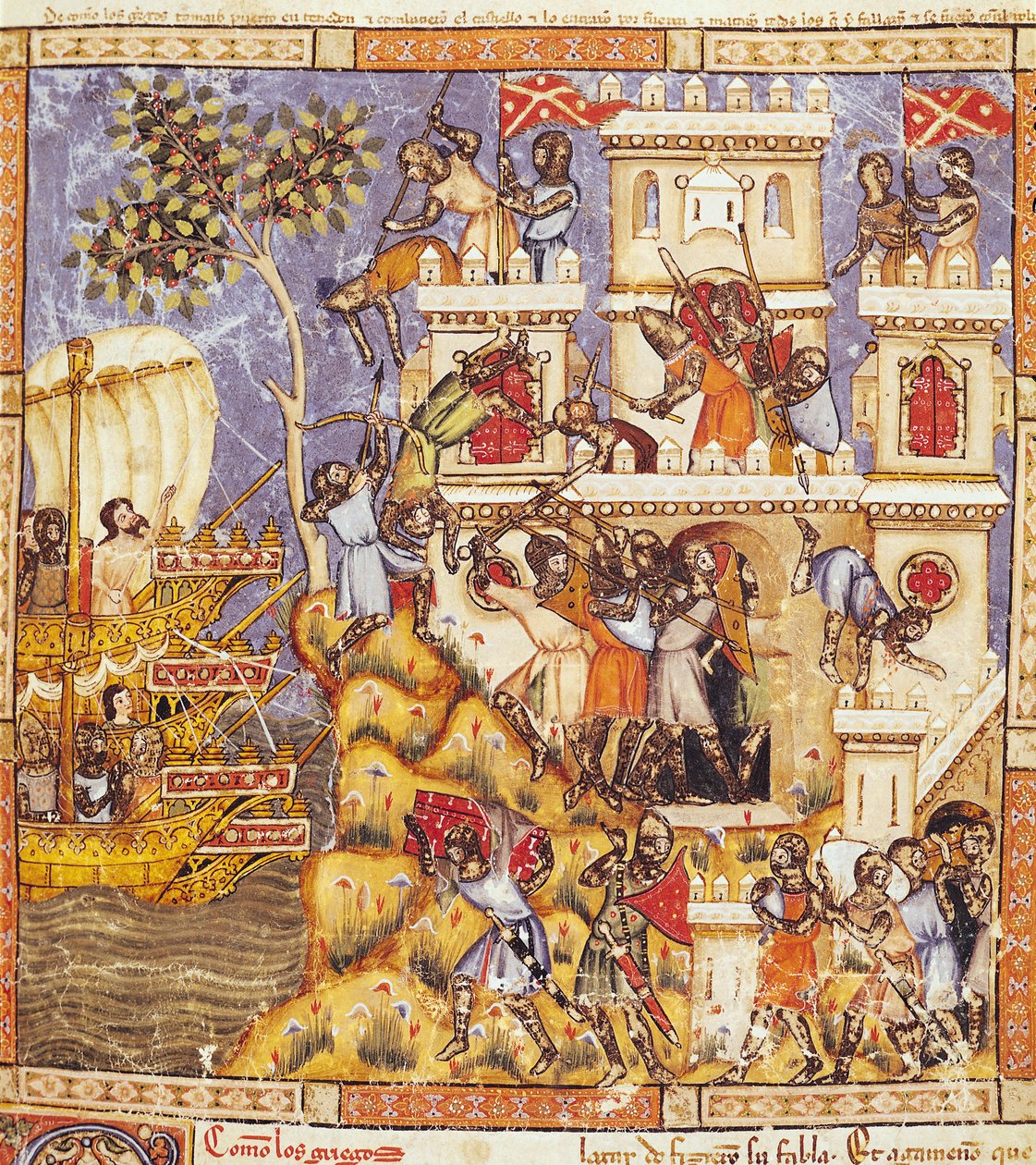 Fol.30r A görögök partraszállása, Tenedos várának ostroma és a védők halála, a Benito Santa Mora kódexből alkotó: Spanish School