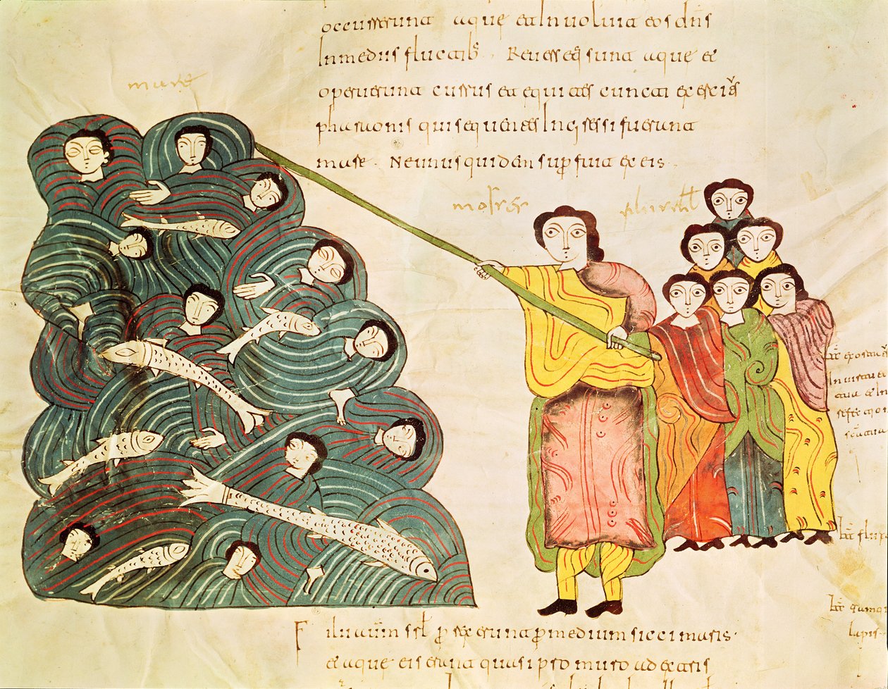 Fol.39v Mózes lezárja a Vörös-tengert az egyiptomiak ellen, a Bibliából Mozarabe alkotó: Spanish School