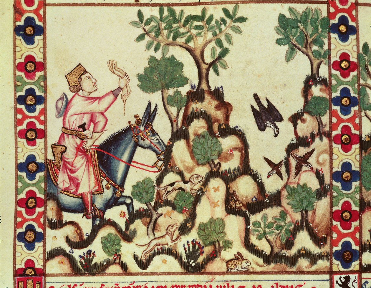 Fol.64r A sólyomvadászat, X. Alfonso Kasztília és León bölcs királya irányításával készült kéziratból alkotó: Spanish School