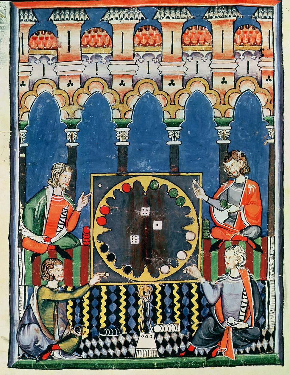 Fol.89v Négy arab backgammon játékos, a játékok könyvéből, sakk, kocka és táblák, 1282 alkotó: Spanish School