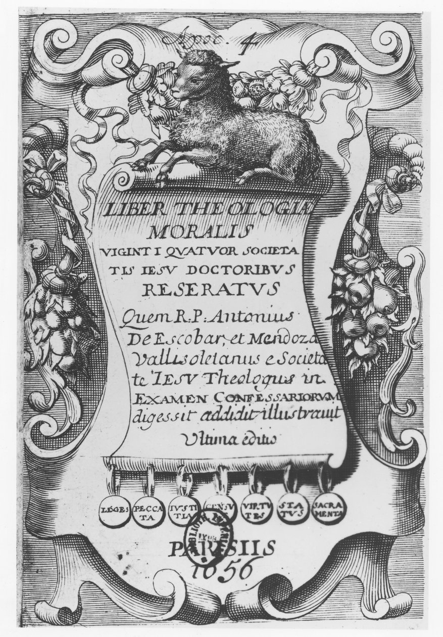 A Liber Theologiae Moralis címlapja, Antonio Escobar y Mendoza, 1656 alkotó: Spanish School
