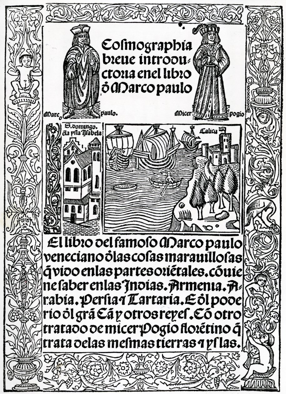 A Marco Polo utazásai című könyv első kasztíliai változatának előlapja, Rodrigo de Santaella fordítása, 1503. alkotó: Spanish School