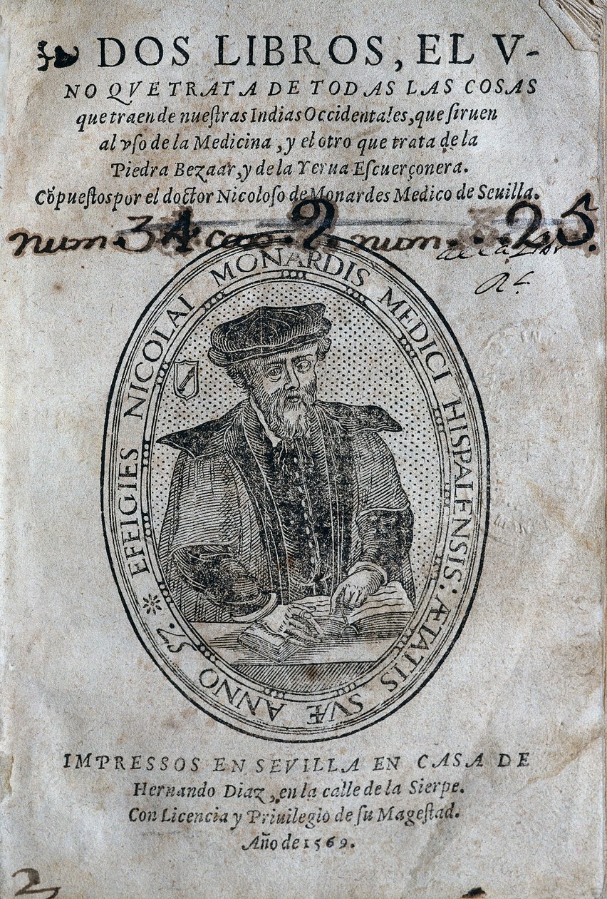 Elülső rész Nicolas Monardes (1493-1588) portréjával a spanyol Karib-tenger szigeteiről származó gyógyszerkönyvről és a bezoard (anti-méreg) felhasználásáról. Nicolas Monardes műve, 1569-es kiadás, Hernando Diaz, Sevillában. Egyetemi Könyvtár alkotó: Spanish School