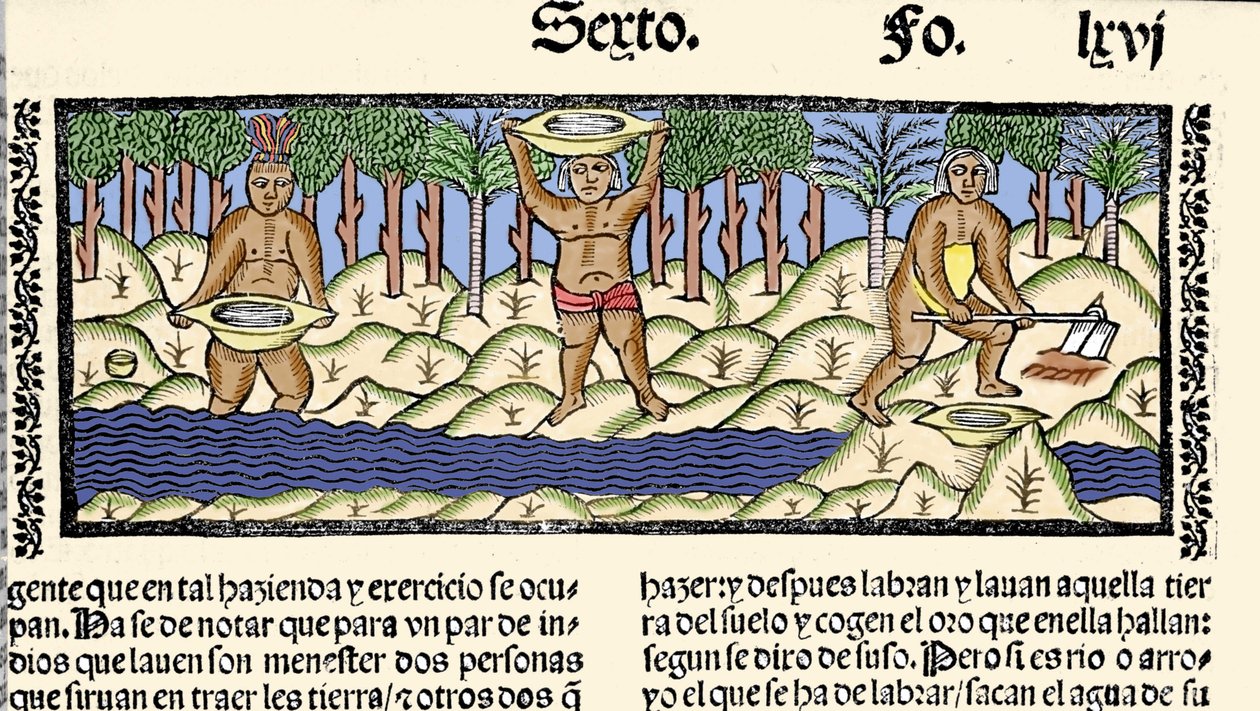 Aranybányászat: az őslakosok a folyót szitálják arany után kutatva. Metszet Gonzalo Fernandez de Oviedo (Gonzalo) vagy Fernandez de, vagy Hernandez de Oviedo és Valdes (1478-) „India, szigetek és az óceán tenger szilárd földje általános története” című kön alkotó: Spanish School