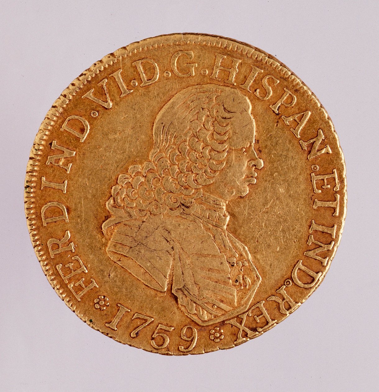 Arany érme (8 eku) Spanyolországból: VI. Ferdinando (Ferdinand) uralkodása (1746-1759). 1759 Átm. 3,5 cm Nápoly, Régészeti Múzeum alkotó: Spanish School