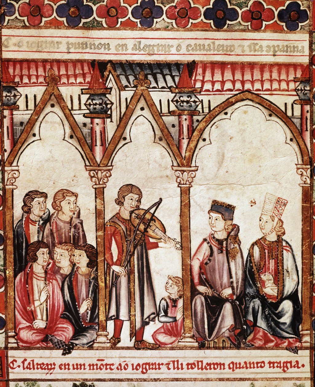 Trubadúrok csoportja, illusztráció a „Cantigas de Santa Maria”-ból”, X. Alfonso („A bölcs”) Kasztília és León királya (1221-84) irányítása alatt készült – A király udvara és a zenészek. miniatűr a Mária énekének kéziratából (Cantig alkotó: Spanish School