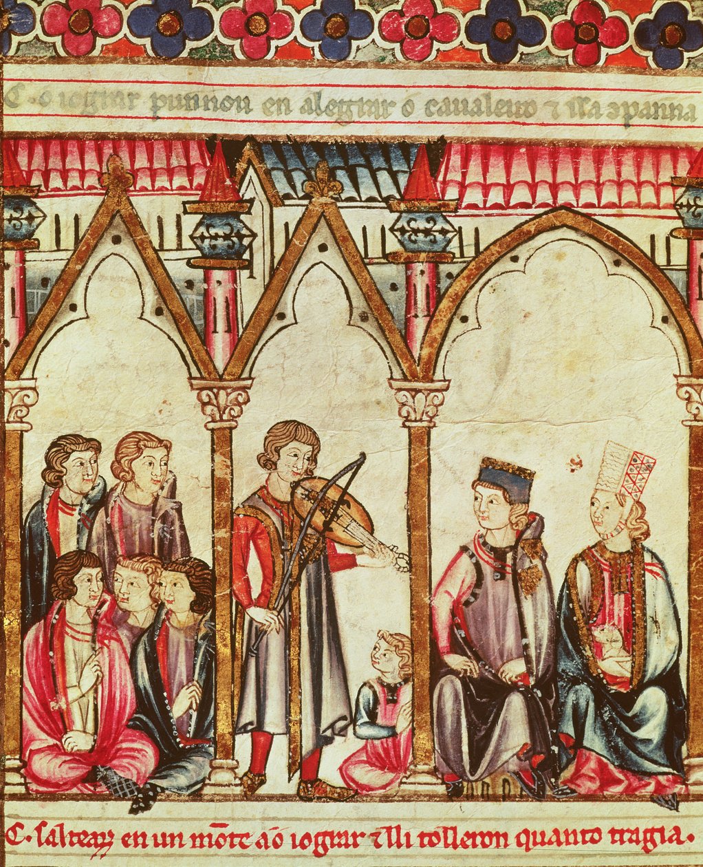 Trubadúrok csoportja, a Cantigas de Santa Maria illusztrációja, X. Alfonso (A Bölcs) Kasztília és León királya (1221-84) irányítása alatt készült (lásd még: 56625) alkotó: Spanish School