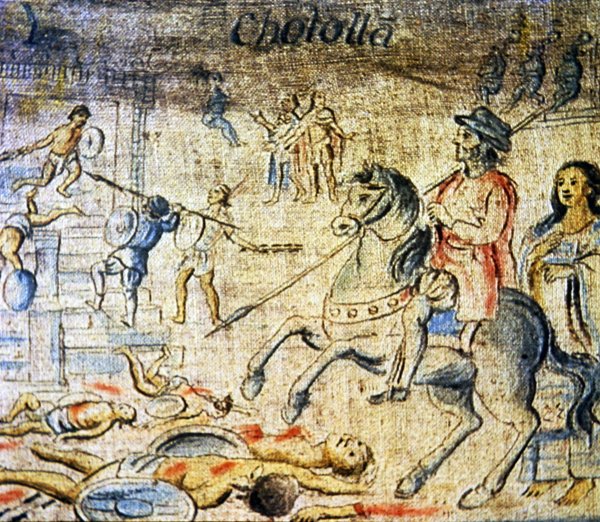 Hernan Cortes átlovagol a halottakon a cholulai csata után Dona Marinával, a mögötte sétáló szeretőjével és tolmácsával (színes litó) alkotó: Spanish School