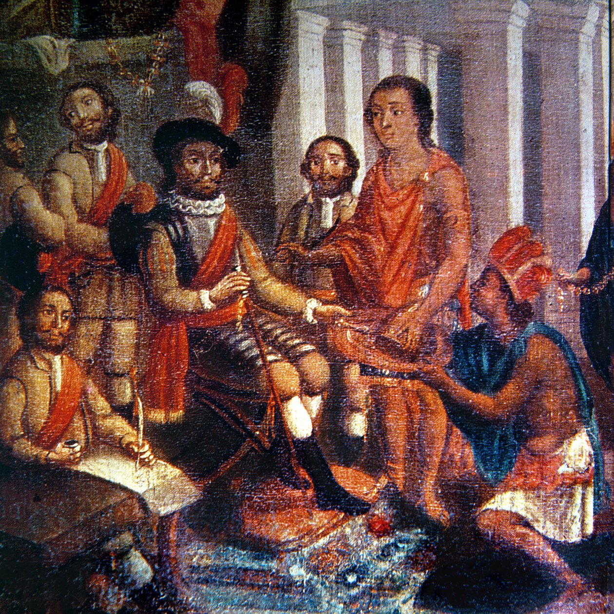 Hernando Cortes (1485-1547) az aztékok tiszteletét fogadja (olaj, vászon) alkotó: Spanish School
