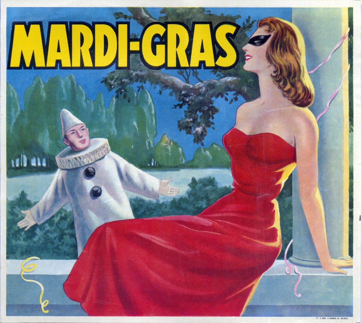 Illusztráció egy Mardi-Gras parti (Mardi Gras) álruhájáról Pierrot-val és egy álarcos nővel. Reklám, Valencia, XX. század. alkotó: Spanish School