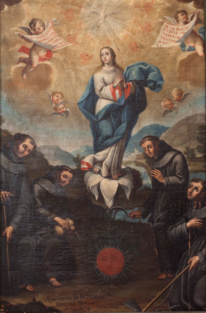 Szeplőtelen fogantatás a kertészeti ferencesekkel. A kórus eredete. A bal alsó jelzéssel: „ADEVOZION DE DA TERESA, Sanchez Yepros?”. 18. század. Juan Sánchez. alkotó: Spanish School