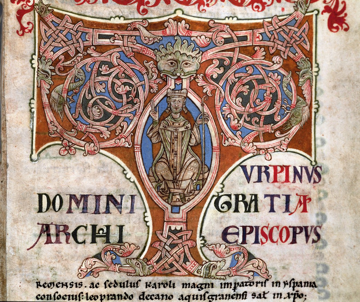T betűjele Nagy Károly ábrázolásával, illusztráció a Codex Calixtinusból, 1140 körül alkotó: Spanish School