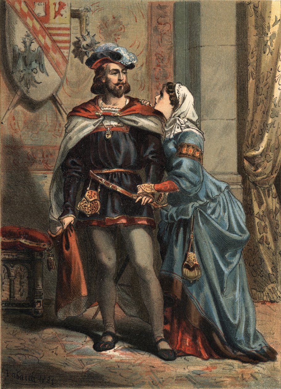 La Folle (1479-1555) spanyol Jeanne, Kasztília királynője és hitvese, Philippe Le Beau (1478-1506), spanyol király és osztrák főherceg, Juan Justo Huguet, Molinas Hermanos „El Culto de la Hermosura” című művében. szerkesztők alkotó: Spanish School