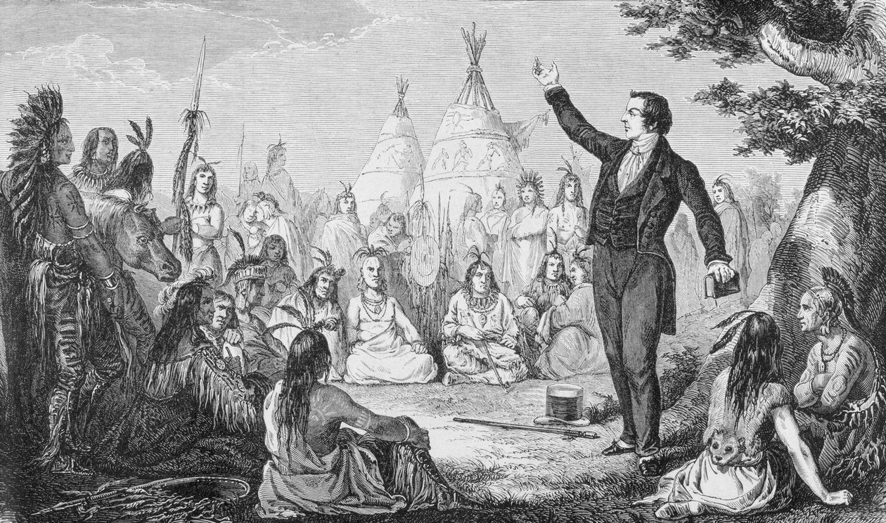 Joseph Smith, a Mormon Egyház alapítója, Prédikál az indiánoknak, a „La Vuelta al Mundo”-ból, Madridban, 1865 (metszet) alkotó: Spanish School