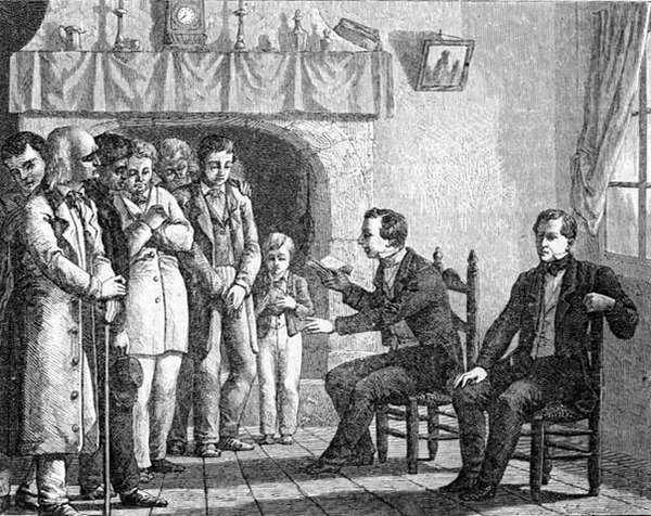 Joseph Smith, a Mormon Egyház alapítója, olvas a Mormon könyvéből a korai mormon megtérőknek, a Madridban megjelent „La Vuelta al Mundo”-ból alkotó: Spanish School