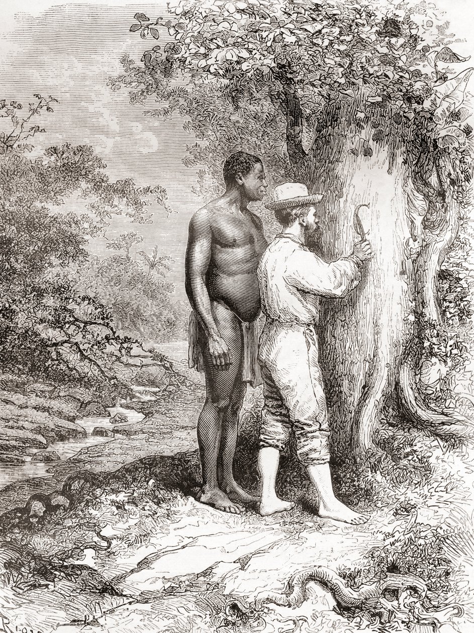 Jules Crevaux, amikor 1878-ban felfedezte Francia Guyanát, az Oyapock vagy az Oiapoque folyó partján lévő fára faragta kezdőbetűit. alkotó: Spanish School