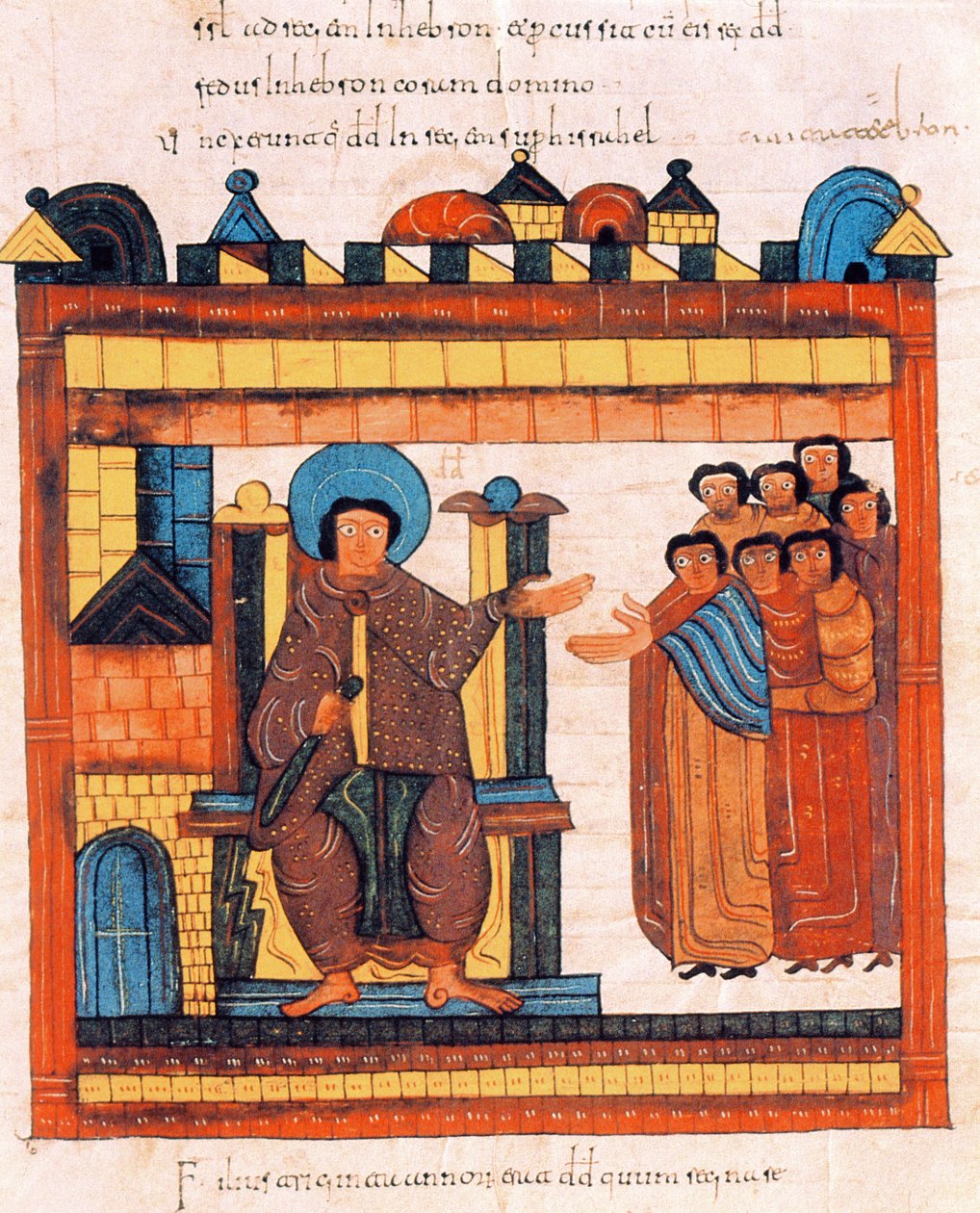 Dávid király a trónján ül, és udvara veszi körül, Szent Izidor vizigót-mozarab Bibliájából, 126r. fol., A.D. 960 (tempera pergamen) alkotó: Spanish School