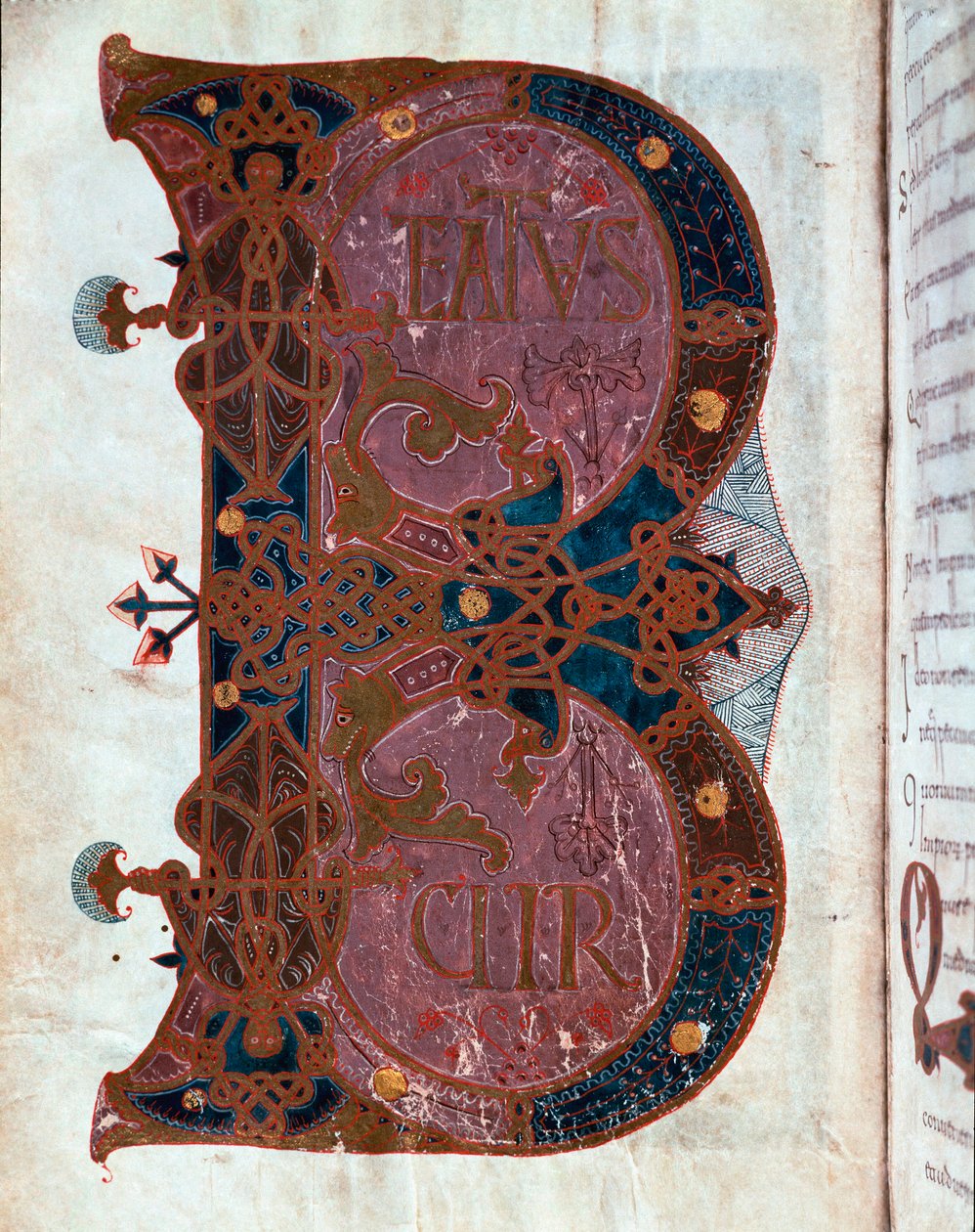 B betű (Beatus). Miniatűr I. Ferdinánd (Fernando I de Leon y Castilla) „Az órák könyvéből” alkotó: Spanish School