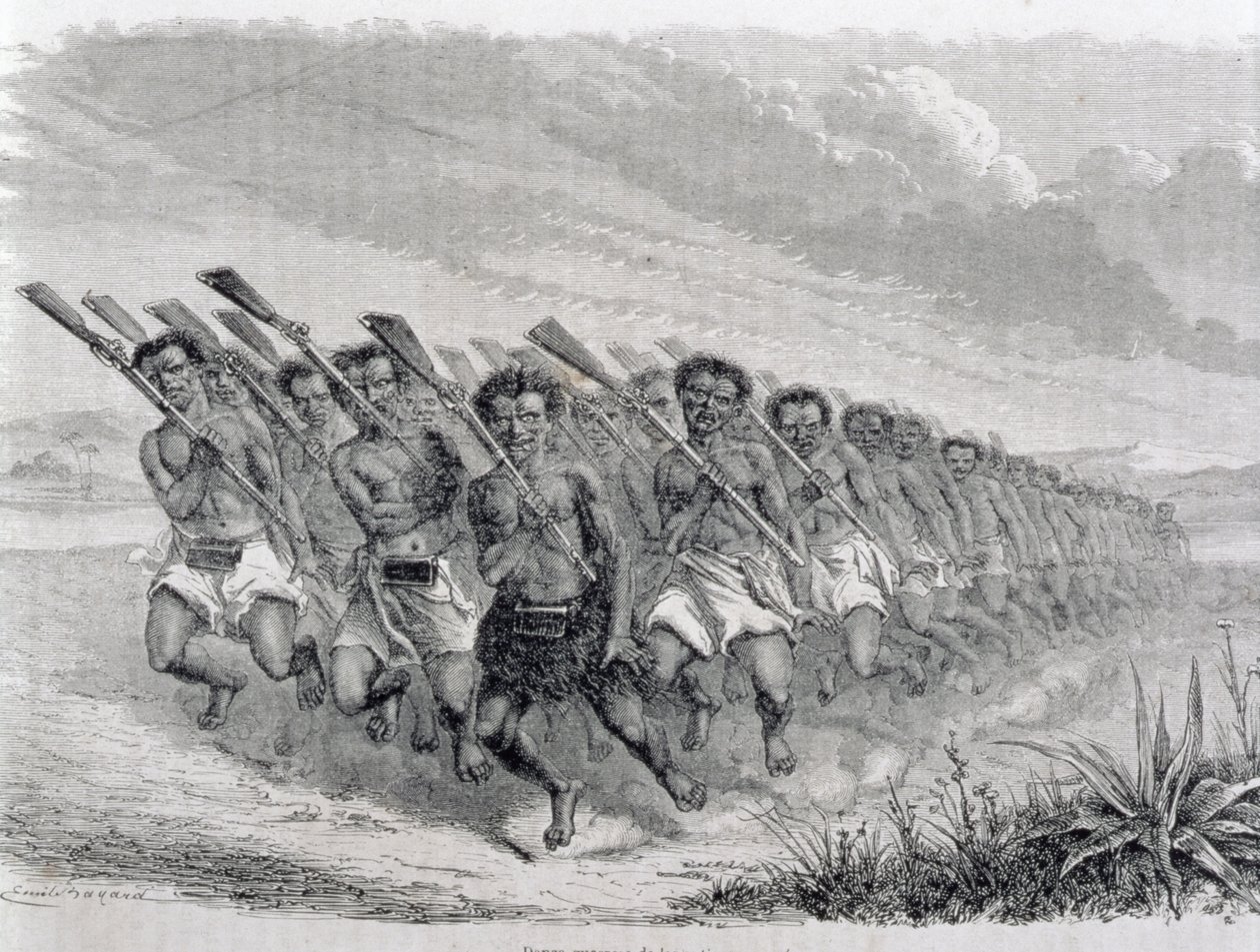 Maori harcosok háborús táncot adnak, illusztráció a „Visszatérés a világba” című művéből (metszet) alkotó: Spanish School