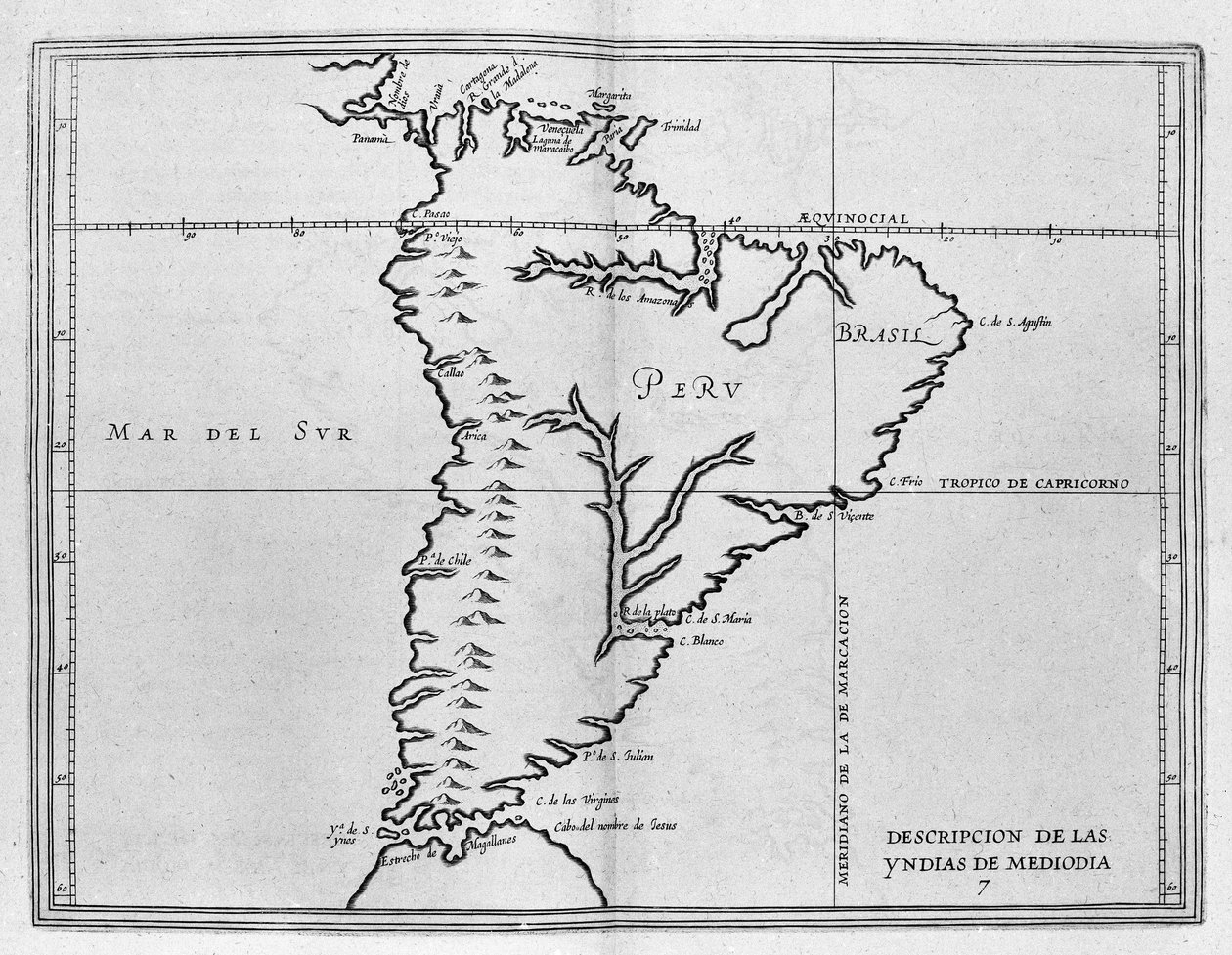 Meridionale America (Dél-Amerika vagy Latin-Amerika) térképe egy spanyol utazási kötetből a 17. század elejéről. A Csendes-óceánt Dél-tengernek nevezik, Peru és Brazília országait, valamint az Egyenlítő vonalát és a alkotó: Spanish School