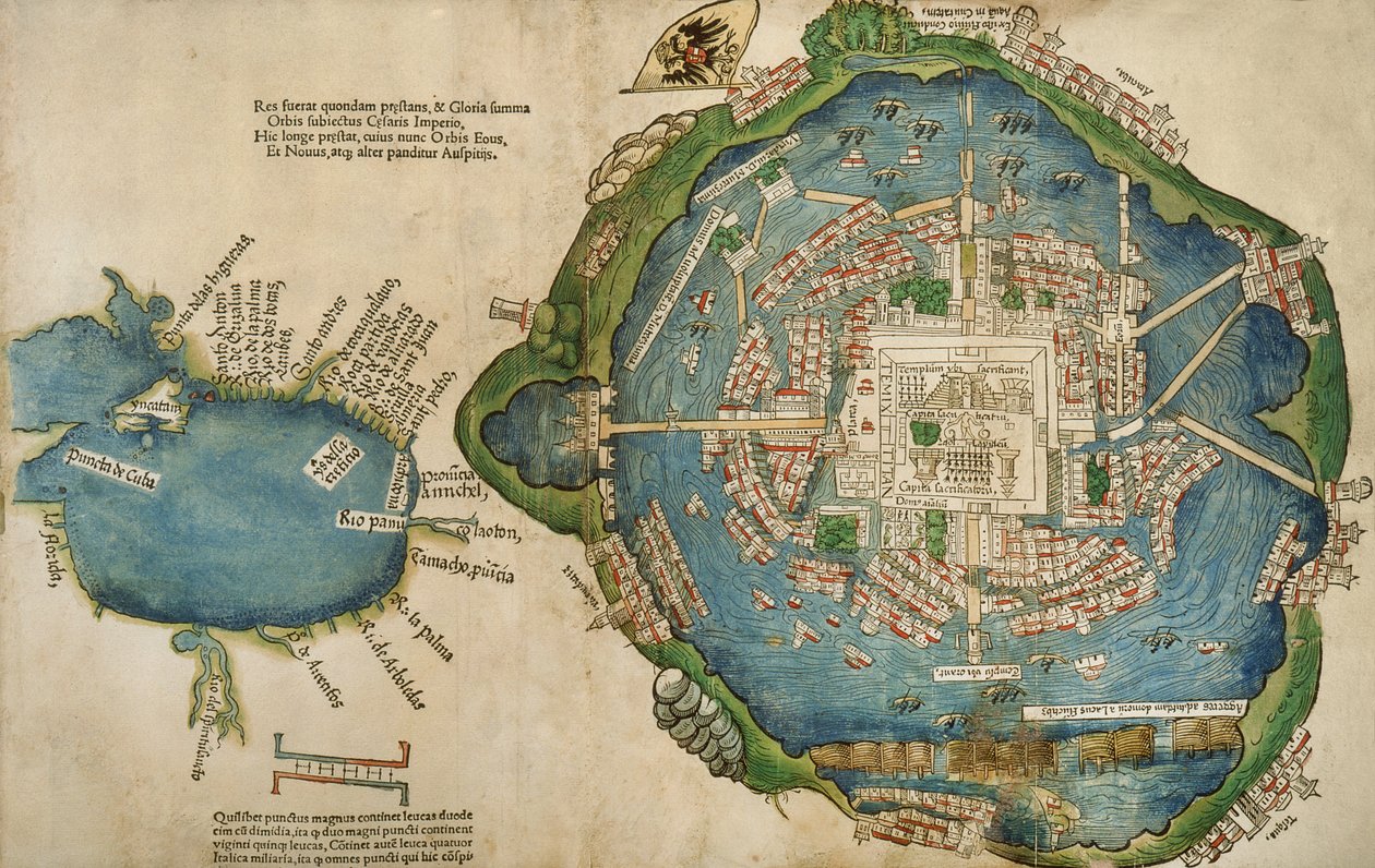 Tenochtitlan és a Mexikói-öböl térképe, Praeclara Ferdinadi Cortesii de Nova maris Oceani Hyspania Narratio, Hernando Cortes (1485-1547) 1524 alkotó: Spanish School