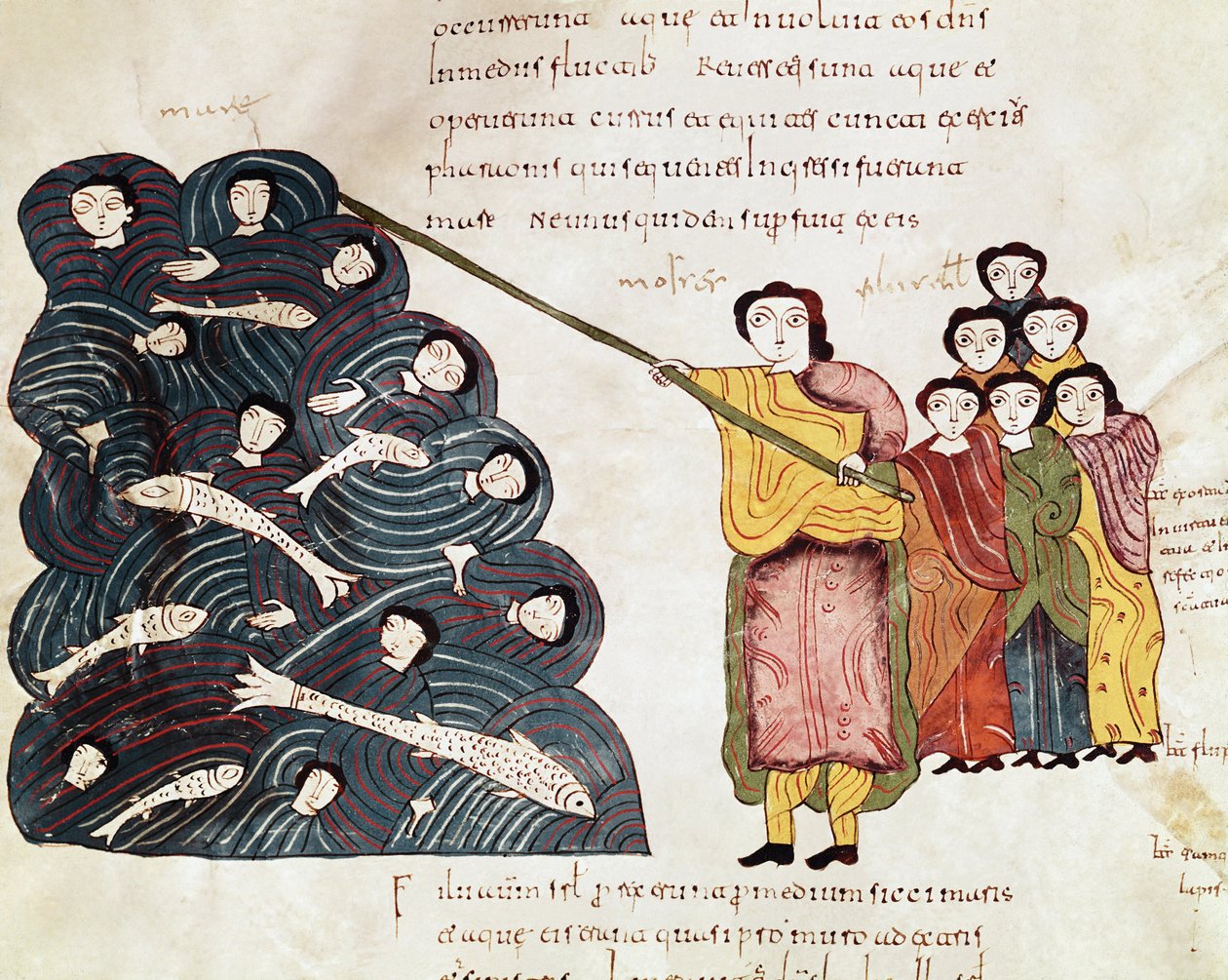 Mózes, miután átvitte Izrael népét a Vörös-tengeren, nézte, ahogy az egyiptomiak megfulladnak. Miniatűr egy mozarab Bibliából. 10. század. Leon. Szent Izidor királyi kollégiumának könyvtára. alkotó: Spanish School