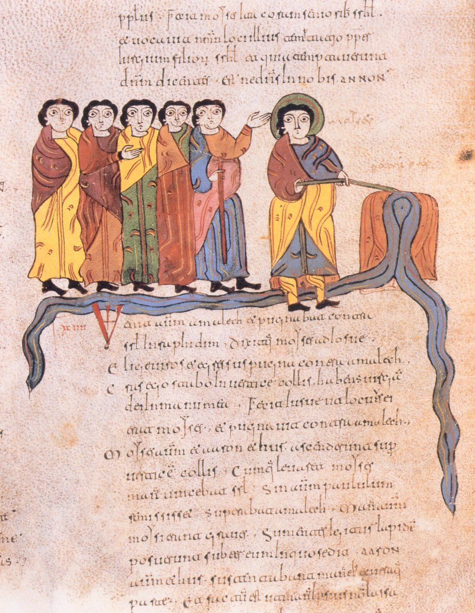 Mózes kifolytatja a vizet a Hóreb szikláiból, Exodus 17 1-7, a vizigót-mozarab Szent Izidor Biblia, fol.40v., A.D. 960 (tempera on vellum) alkotó: Spanish School