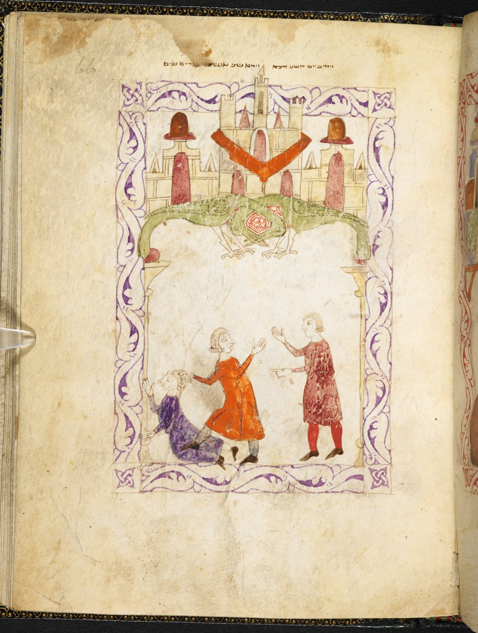 Mózes szemrehányást tesz két veszekedő izraelitának, Mózesnek Egyiptomban, a spanyol-moreszk Haggadából, MS Or 2737, f.66r, f.1275-1324 (vellum) alkotó: Spanish School