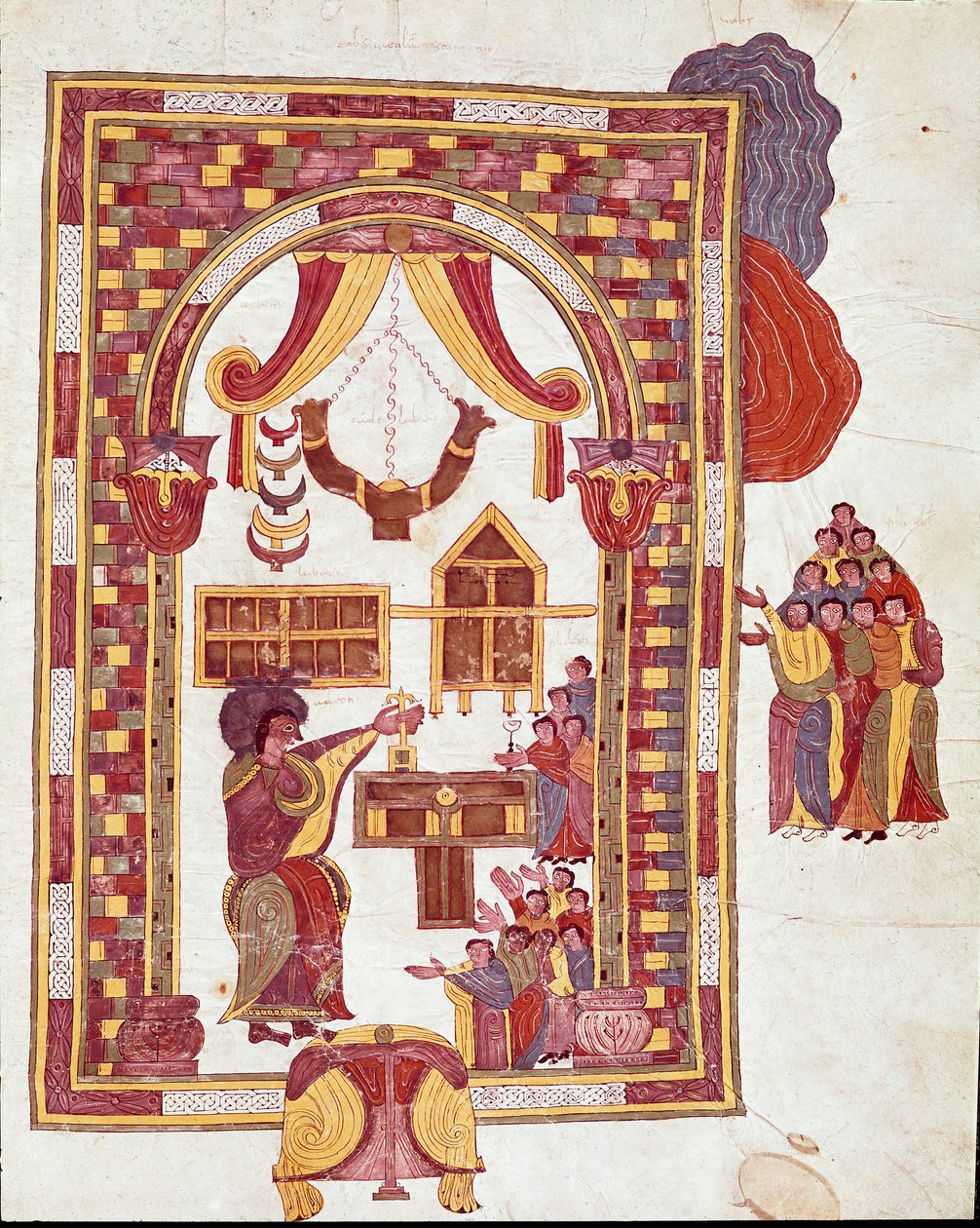 Mozarab művészet: „” Jeruzsálem temploma, Áront főpapként ábrázolják az oltár előtt.” Miniatűr egy mozarab Bibliából. 10. század. Leon. Szent Izidor királyi kollégiumának könyvtára. Spanyolország alkotó: Spanish School