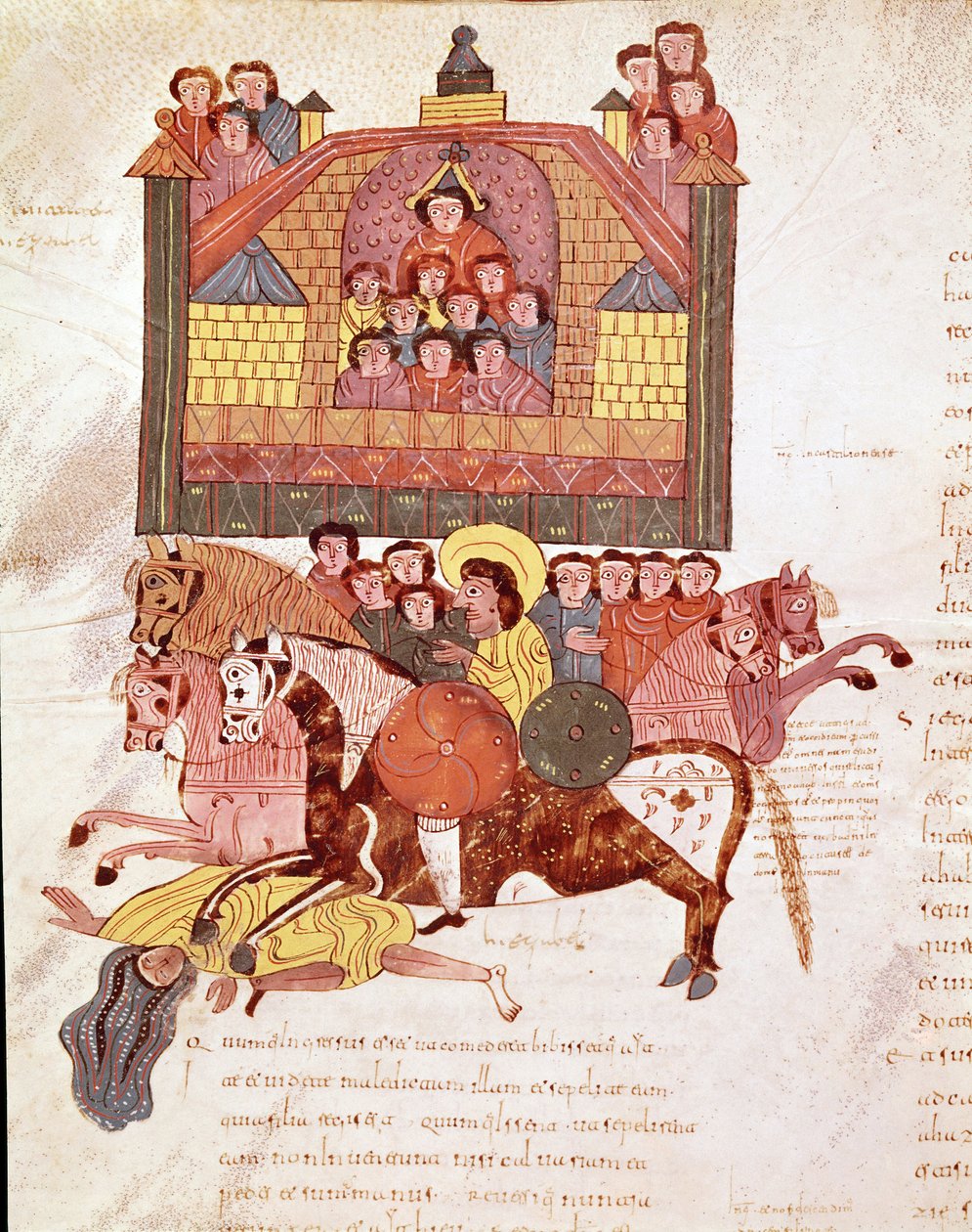Mozarab bibliaoldal: Jezabel királynő halála, oldal egy mozarab bibliából alkotó: Spanish School
