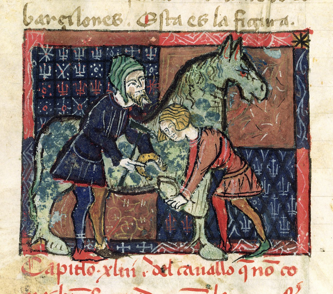 Ms 214 fol.46v Lópatkolás, Juan Alvarez Libro de Menescalcia y Albeyteriából, 1390 körül alkotó: Spanish School