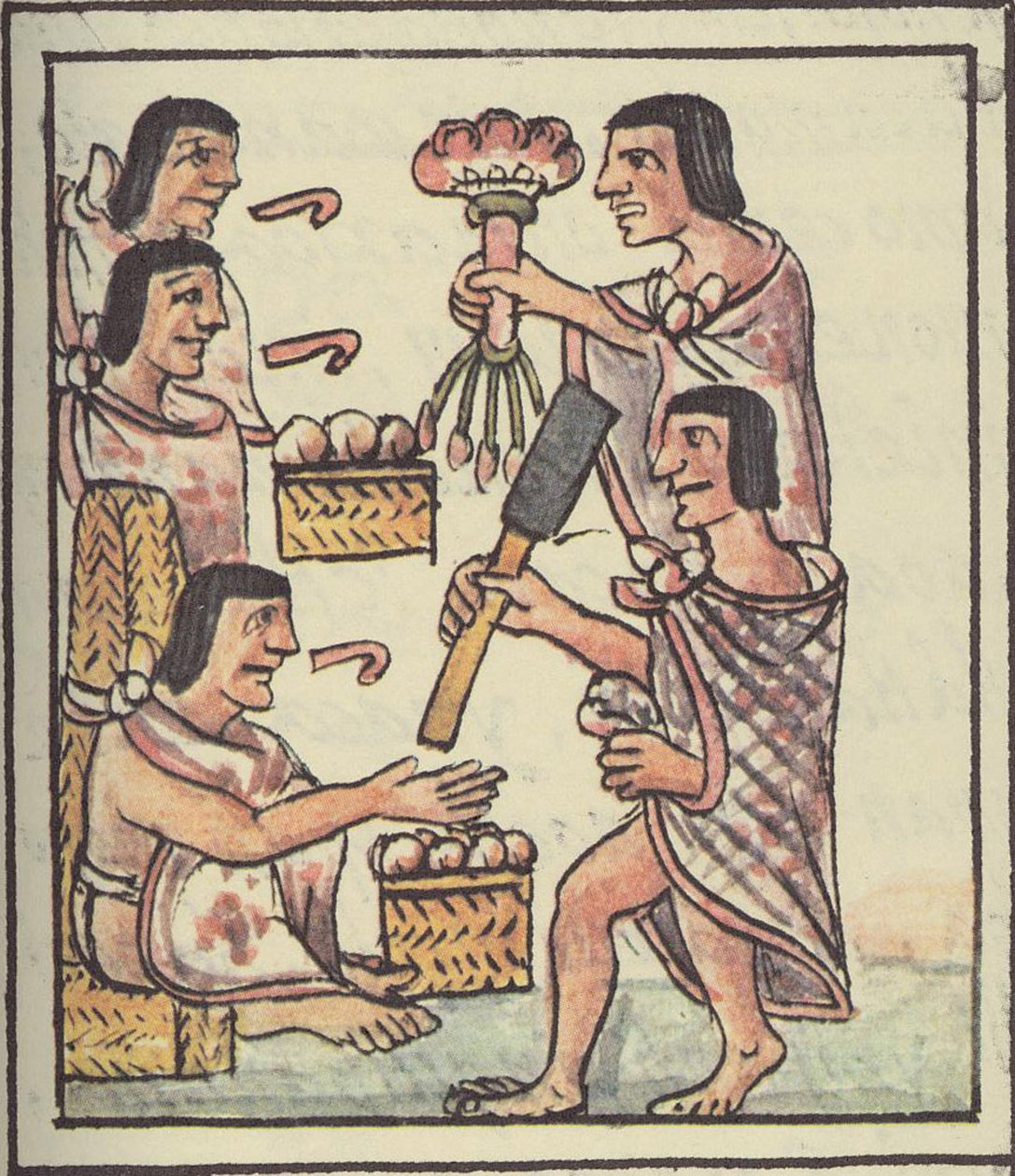 Palat asszony. 218-220 Azték lakoma, Bernardino de Sahagun firenzei kódexéből, 1540-85 körül alkotó: Spanish School