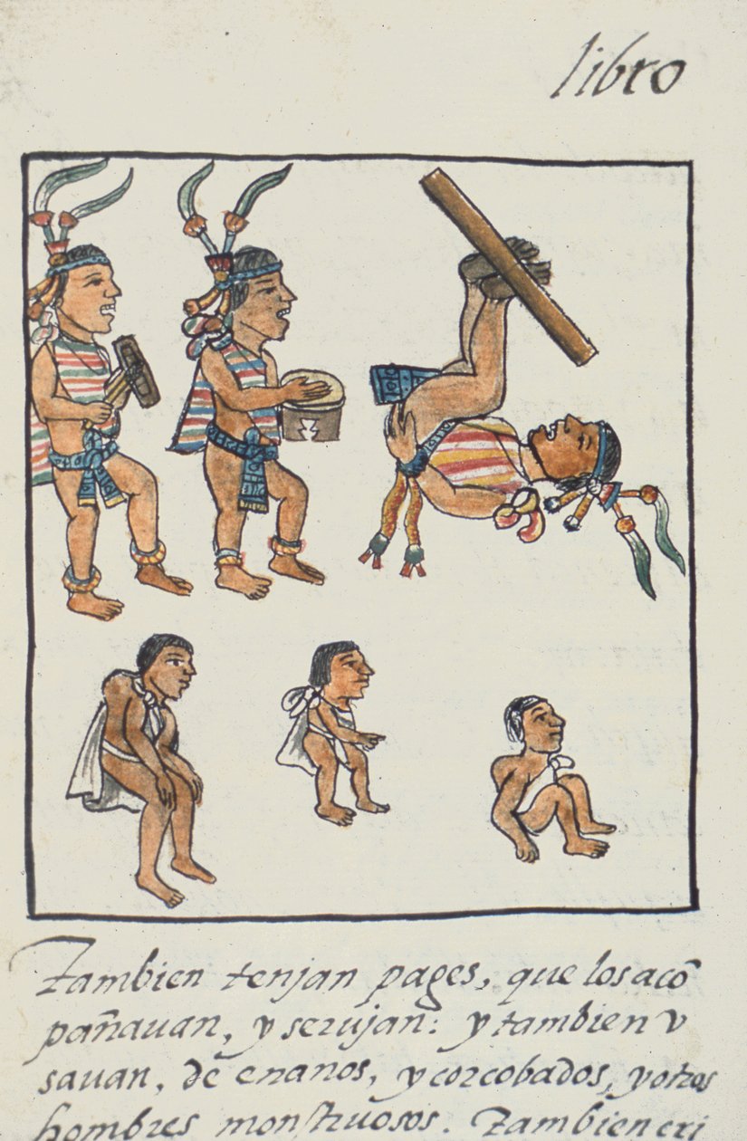 Palat asszony. 218-220 IX. könyv Azték szórakoztatók, zenészek, zsonglőrök és púposok, Bernardino de Sahagun firenzei kódexéből, 1540-85 körül alkotó: Spanish School