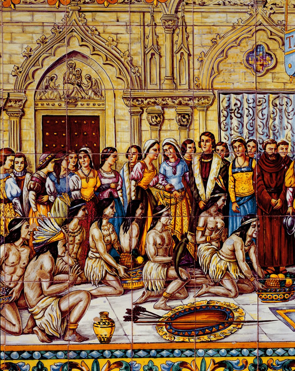 Az amerikai őslakosok 1492-ben hozták be Kolumbusz kíséretét Spanyolországba (kerámia) alkotó: Spanish School