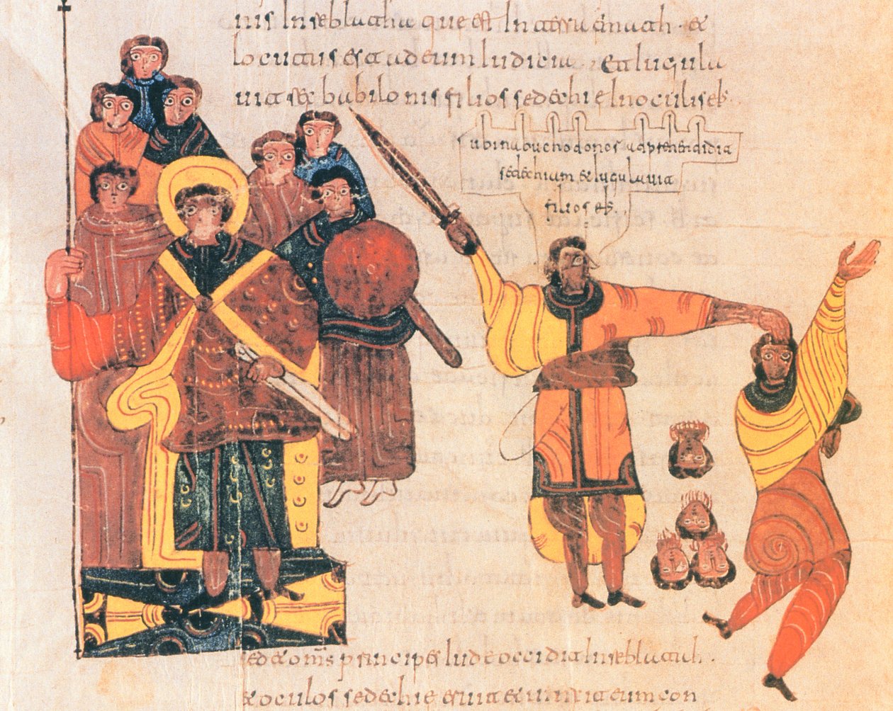 Nabukodonozor elrendeli a lázadó Sedékiás fiainak megölését, 289v. fol., Szent Izidór vizigót-mozarab Bibliájából, Kr. e. 960 (tempera pergamen) alkotó: Spanish School