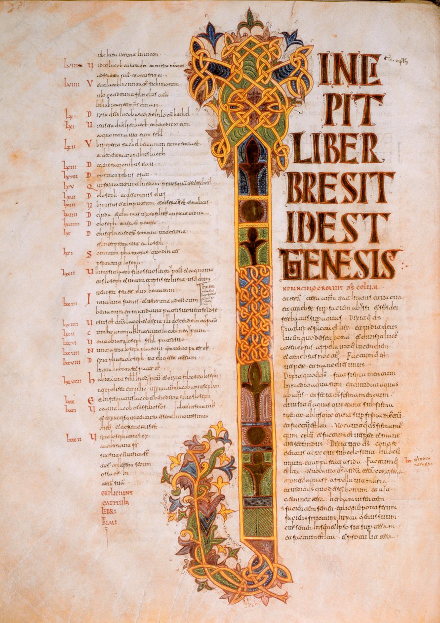 A Teremtés könyvének nyitólapja I. nagybetűvel a Biblia elejéről, In Principio creavit Deus caelum, Szent Izidorész vizigót-mozarab Bibliájából, fol.14v., A.D. 960 (tempera o alkotó: Spanish School