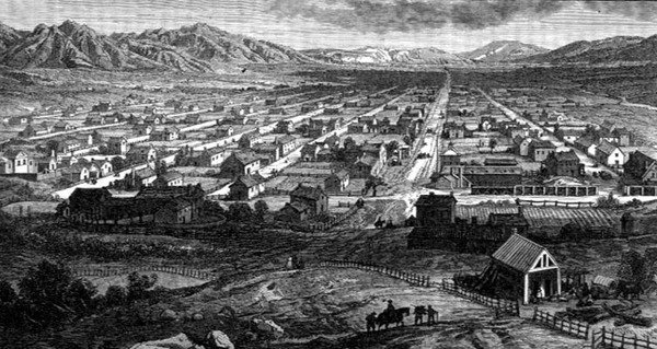 Panorámás kilátás Salt Lake Cityre, Utah, a Madridban megjelent „La Vuelta al Mundo”-ból alkotó: Spanish School