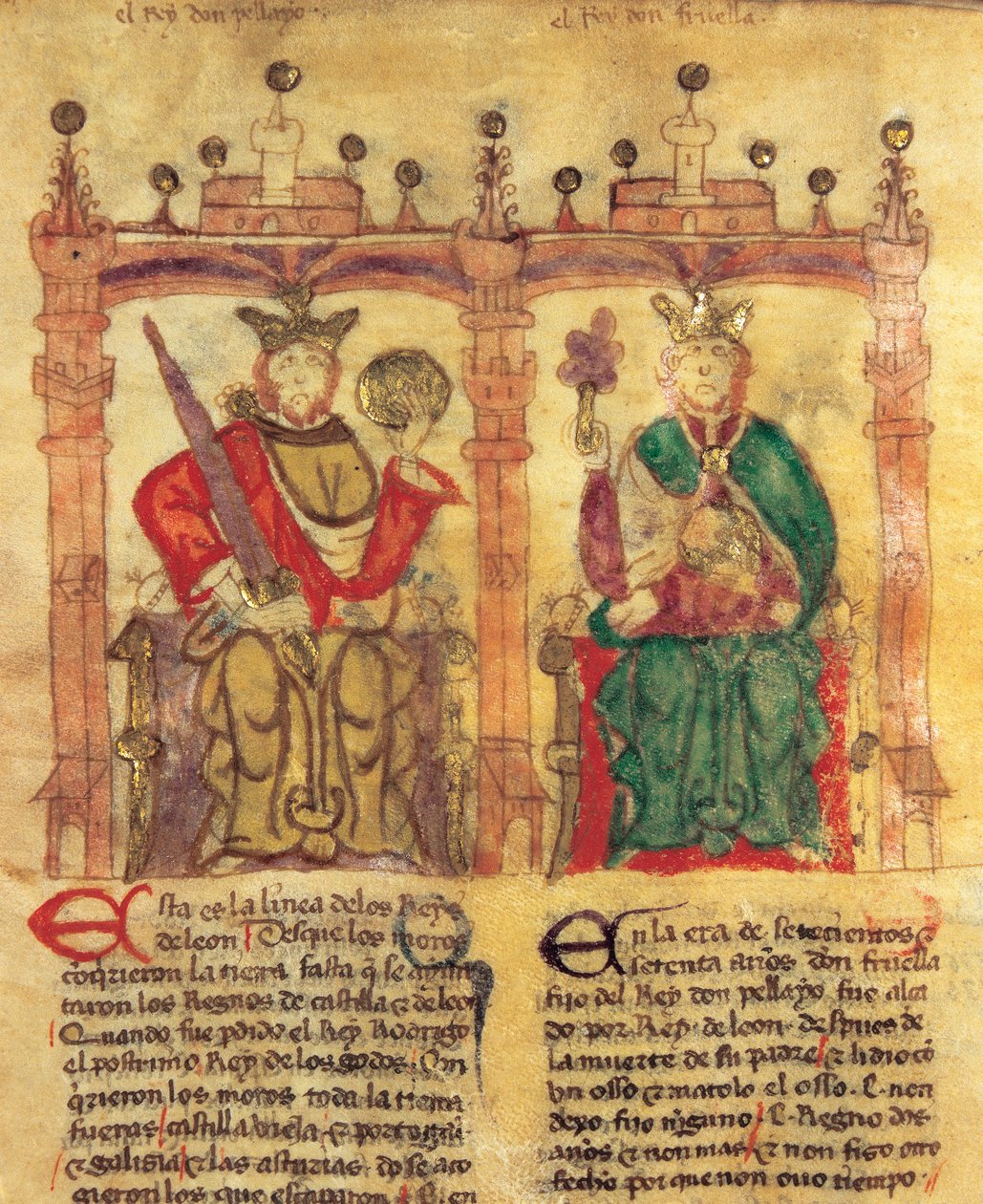 Pelagius (685-737), az Asztúriai Királyság alapítója és unokája, I. Fruela (722-68) (pigment a pergamen- alkotó: Spanish School