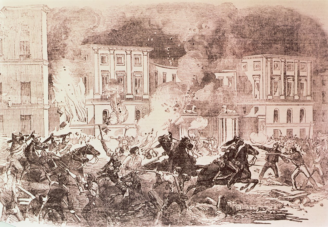 Populista felkelés Madridban, a zavargók megpróbálják felgyújtani Mária Krisztina királynő palotáját 1854-ben (litho) alkotó: Spanish School