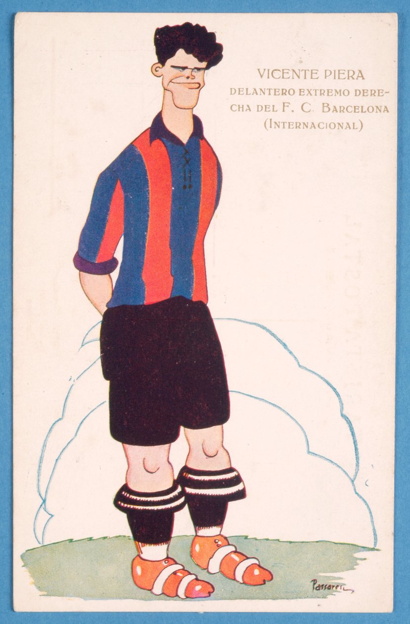Képeslap, amely a Barcelona spanyol labdarúgójának, Vicente Pierának a karikatúráját ábrázolja alkotó: Spanish School