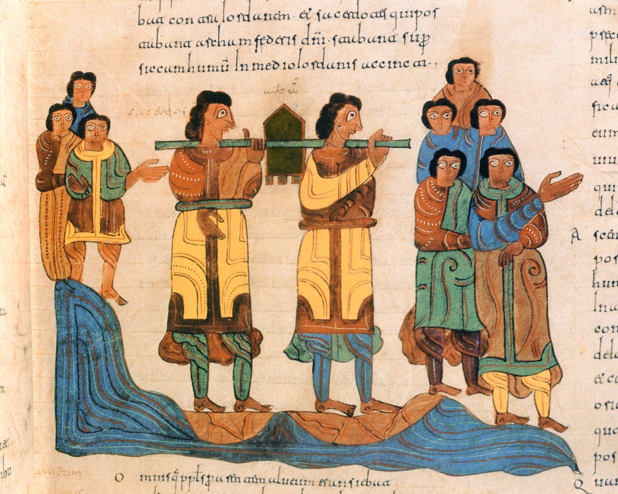 A papok átviszik a frigyládát a Jordán folyón, 2Móz 16:6, Szent Izidor vizigót-mozarab Bibliájából, fol.90r., A.D. 960 (tempera on vellum) alkotó: Spanish School
