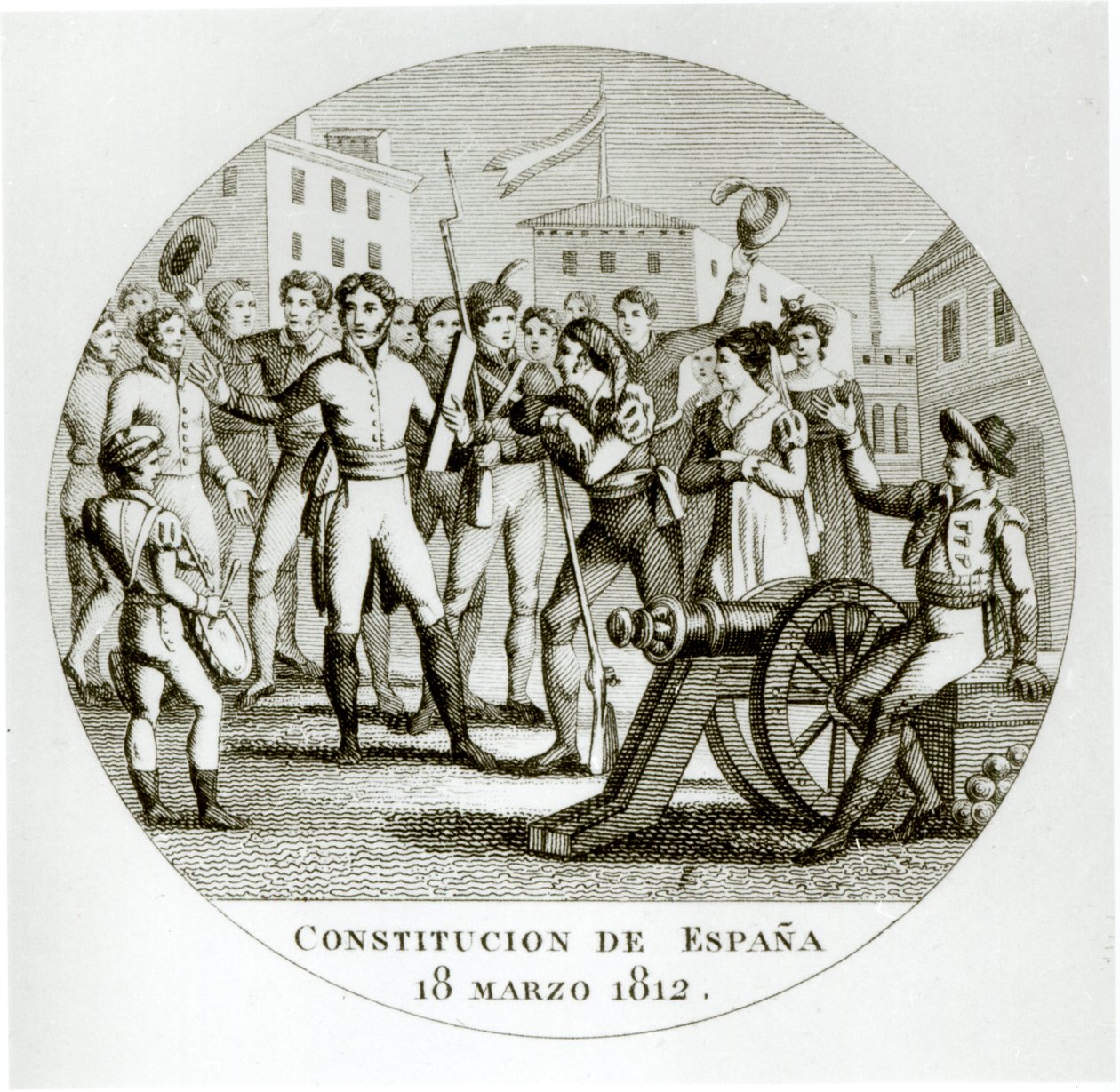 A liberális alkotmány 1812. március 18-i kihirdetése a hazafiak által, amelyet Cadizban hirdettek ki a Cortes alkotó: Spanish School