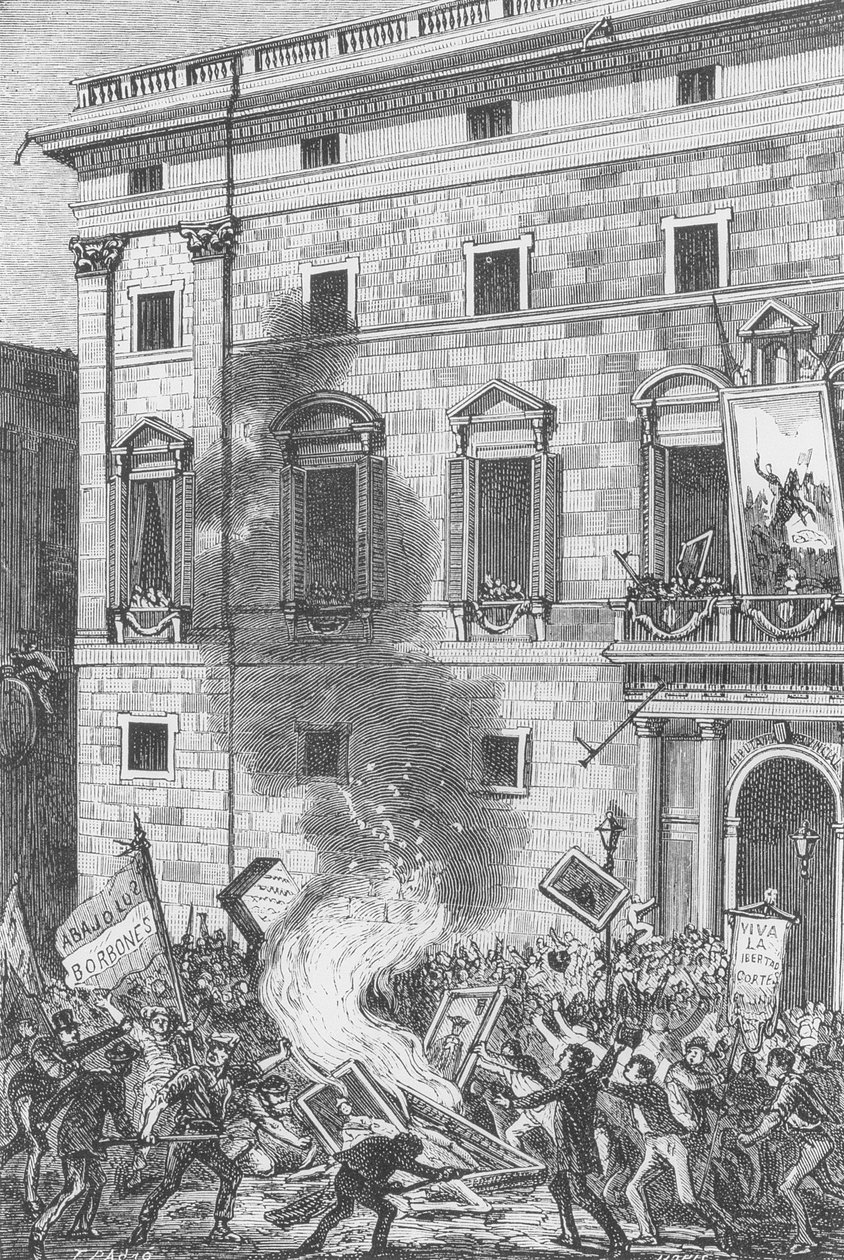 A barcelonai emberek a Bourbonok portréit égetik, 1868 (metszet) alkotó: Spanish School