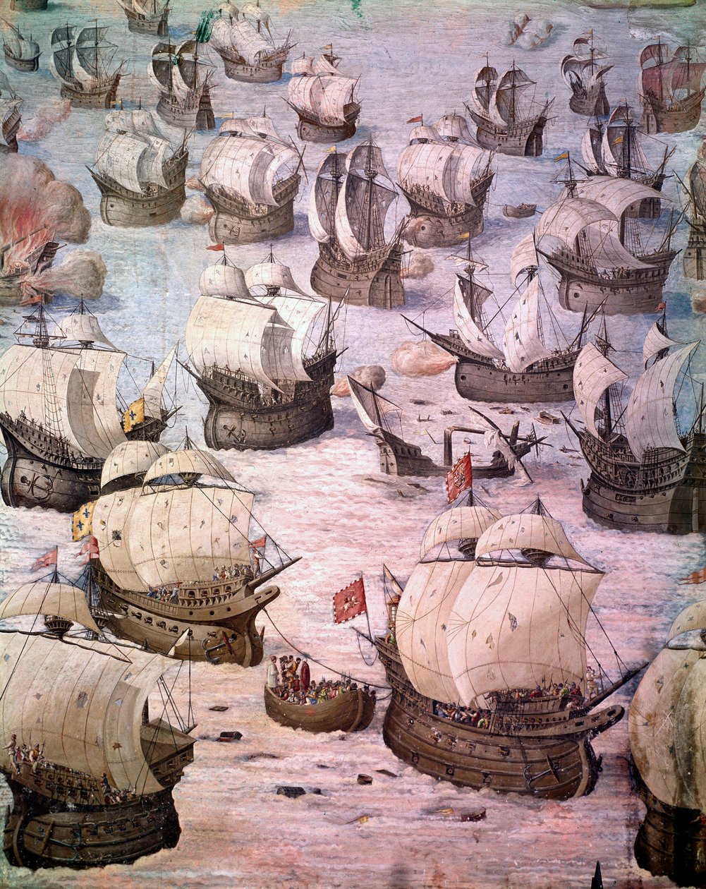 Spanyol galleonok regatta az Acores-i expedíció során 1582-ben II. Fülöp (1527-1598), Spanyolország királya alatt. 16. századi freskó. Csaták csarnoka, Escorial palota, Madrid. alkotó: Spanish School