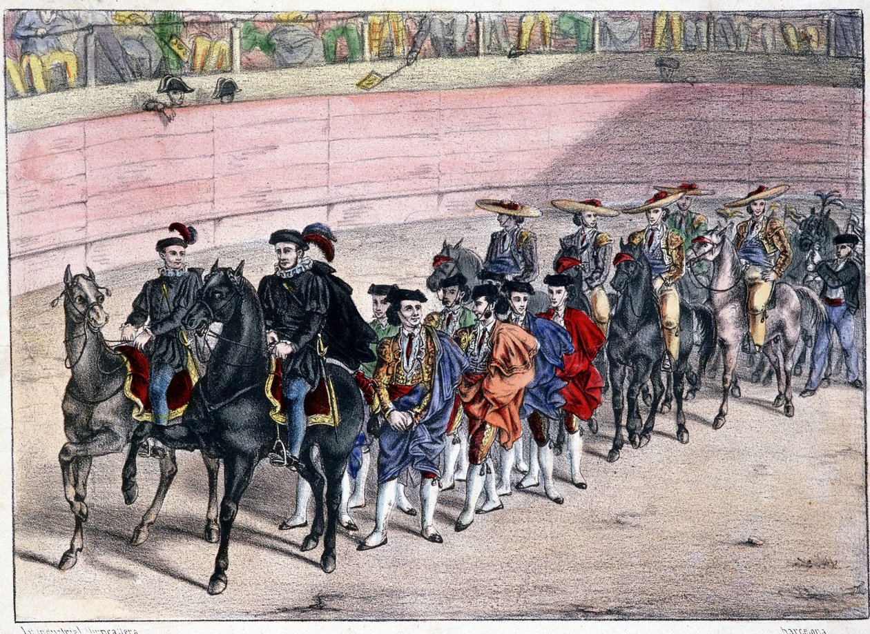 A quadrille kiadása, corrida Spanyolországban, litográfia sd. 19. század alkotó: Spanish School