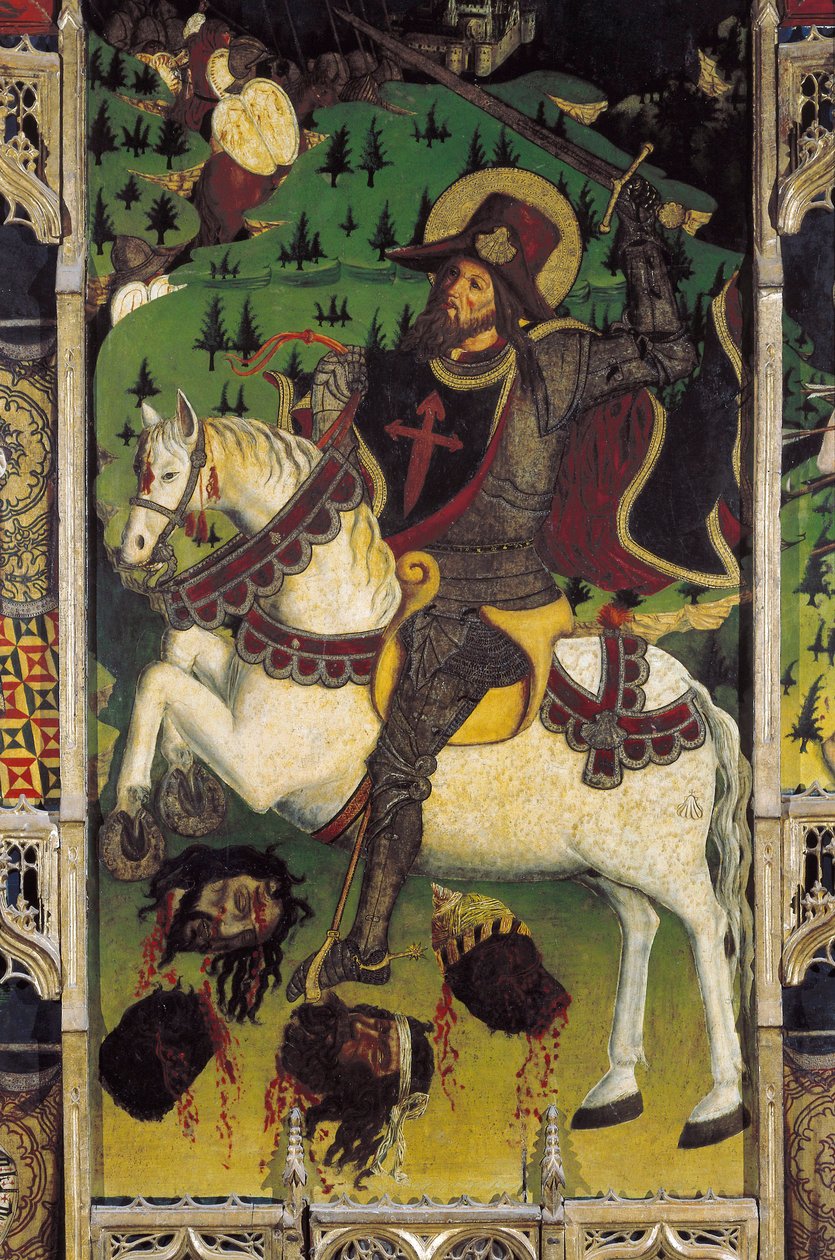 James Matamore (Santiago Matamoro) ábrázolása a spanyolországi Segovia Alcazar királyi kápolnájának oltárképéről alkotó: Spanish School