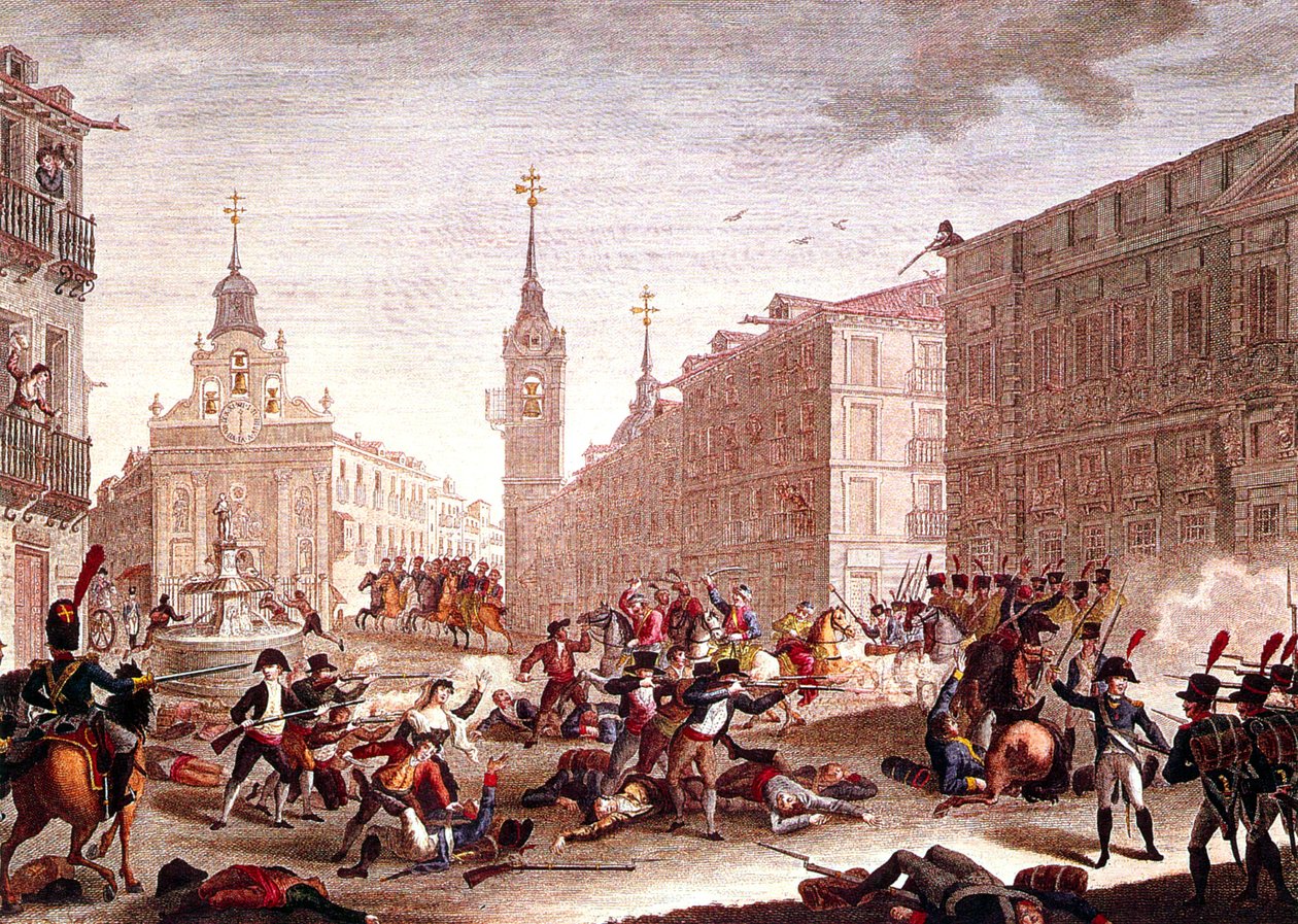 Zavargások a napóleoni csapatok ellen, Madrid, 1808. május (színes metszet) alkotó: Spanish School