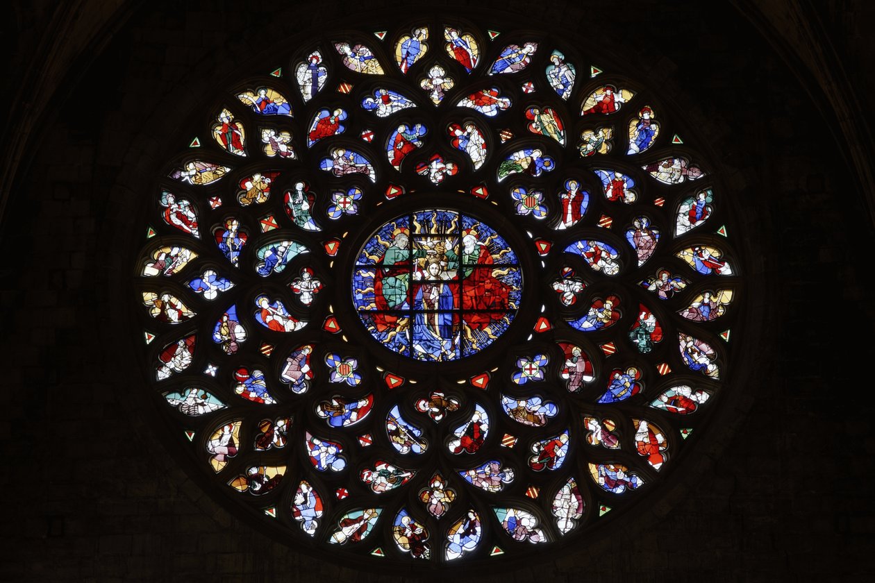 Szűz mennybemenetelét ábrázoló rózsaablak, 1460 körül alkotó: Spanish School